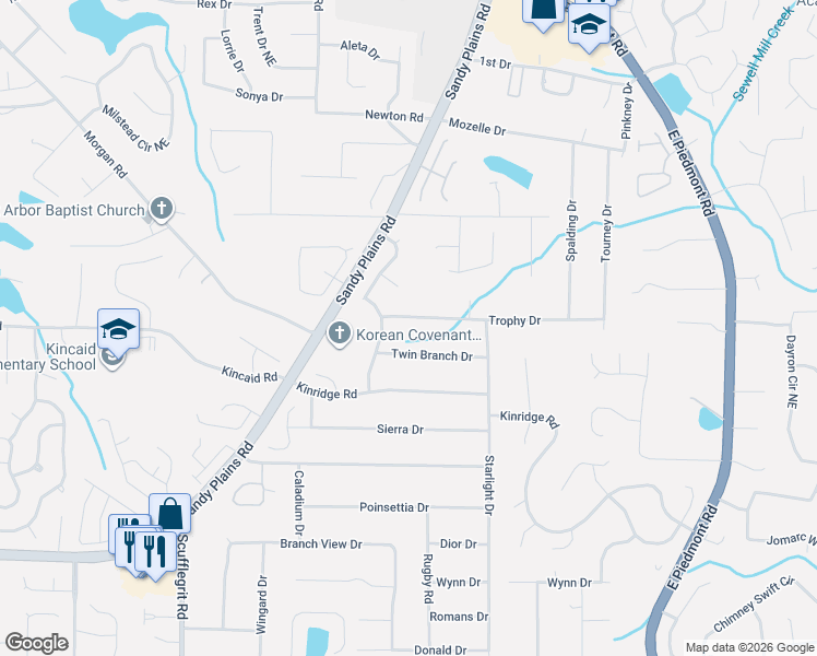 map of restaurants, bars, coffee shops, grocery stores, and more near 2062 Arrowhead Trail in Marietta