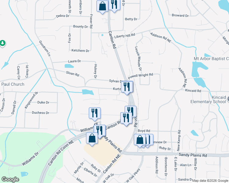 map of restaurants, bars, coffee shops, grocery stores, and more near 864 Kurtz Road in Marietta