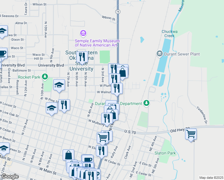 map of restaurants, bars, coffee shops, grocery stores, and more near 1223 North 1st Avenue in Durant