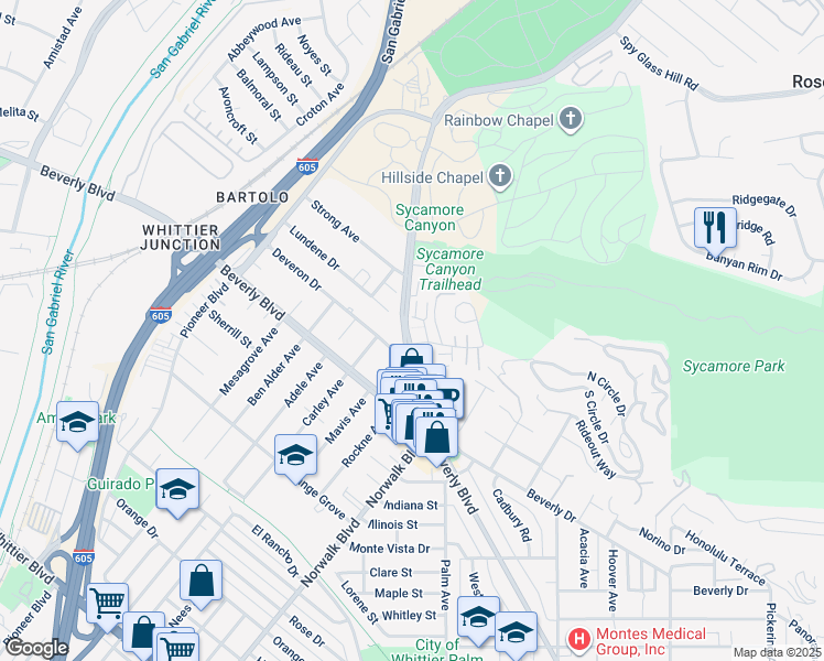 map of restaurants, bars, coffee shops, grocery stores, and more near 10601 Cordoba Court in Whittier