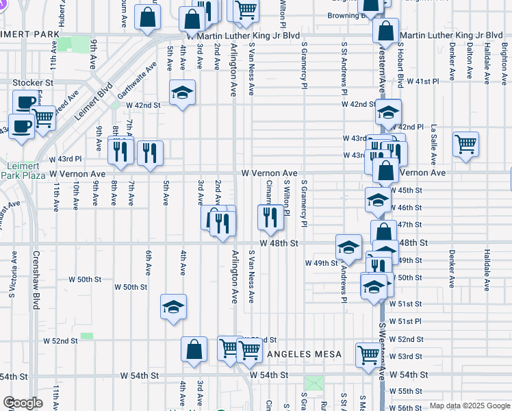 map of restaurants, bars, coffee shops, grocery stores, and more near 4528 South Van Ness Avenue in Los Angeles