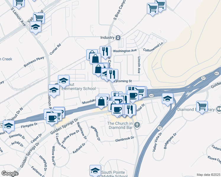 map of restaurants, bars, coffee shops, grocery stores, and more near 20975 Northampton Street in Walnut