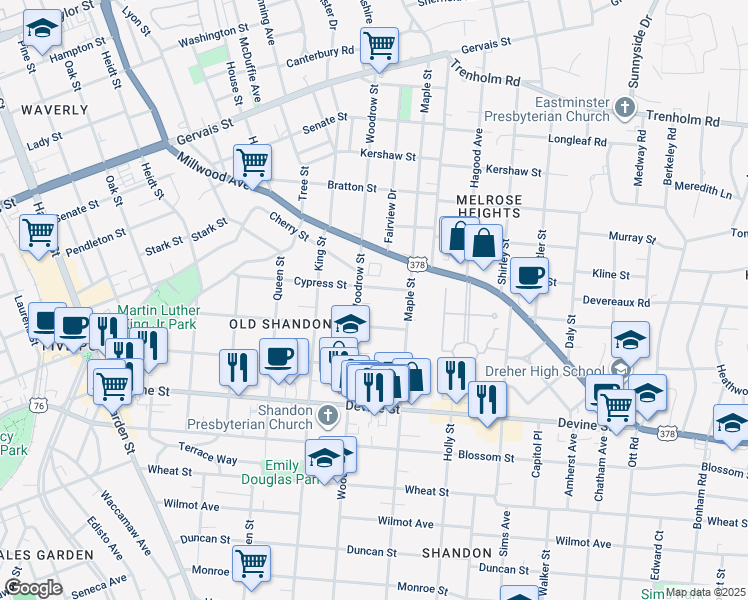 map of restaurants, bars, coffee shops, grocery stores, and more near 6 Woodrow Street in Columbia