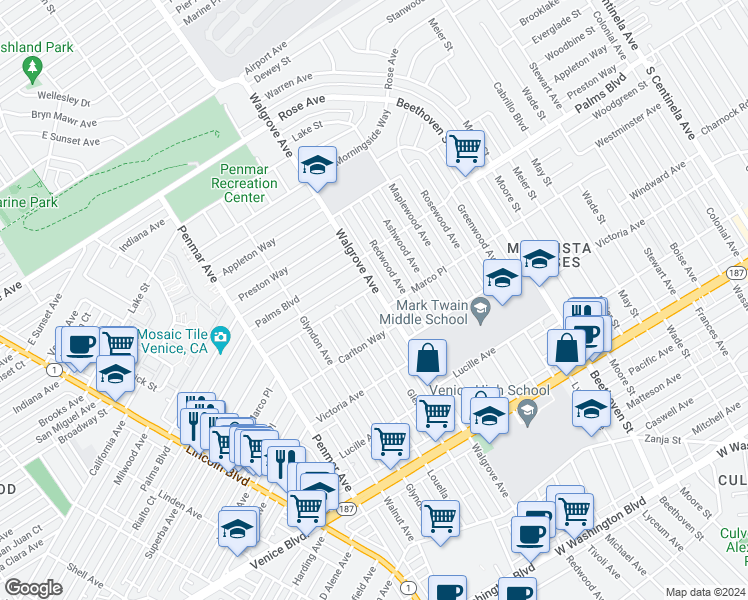 map of restaurants, bars, coffee shops, grocery stores, and more near 2013 Walgrove Avenue in Los Angeles
