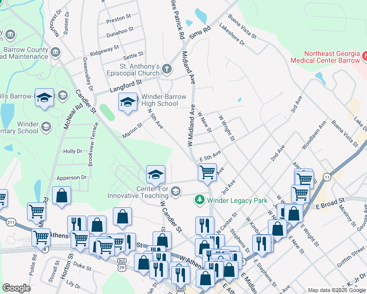 map of restaurants, bars, coffee shops, grocery stores, and more near 183 North 5th Avenue in Winder
