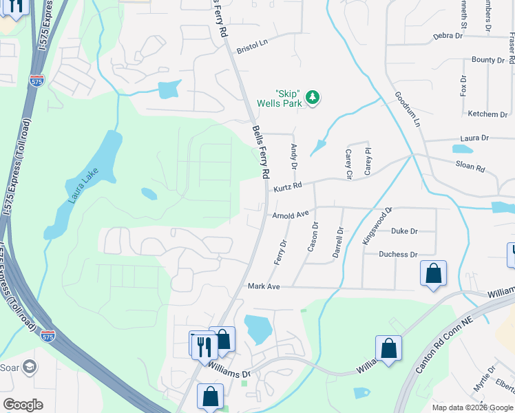 map of restaurants, bars, coffee shops, grocery stores, and more near 2065 Bells Ferry Road in Marietta