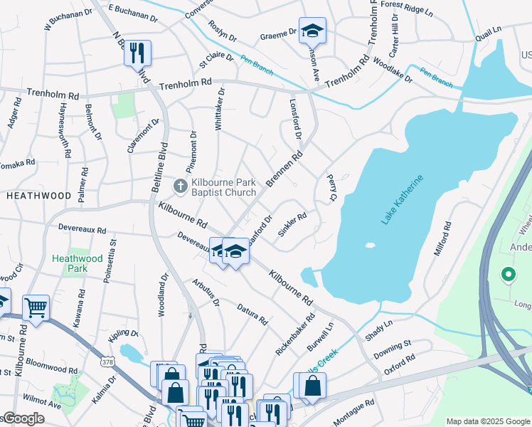 map of restaurants, bars, coffee shops, grocery stores, and more near 1325 Sanford Drive in Columbia