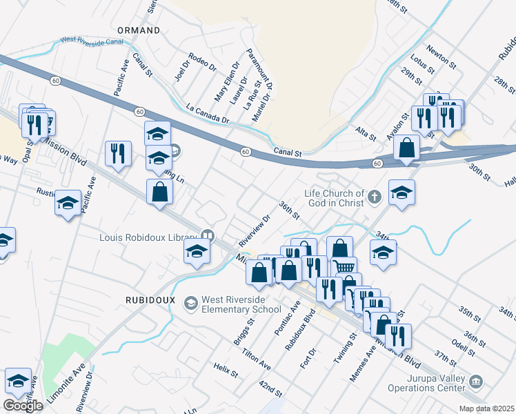 map of restaurants, bars, coffee shops, grocery stores, and more near 3658 Grandview Ave in Riverside