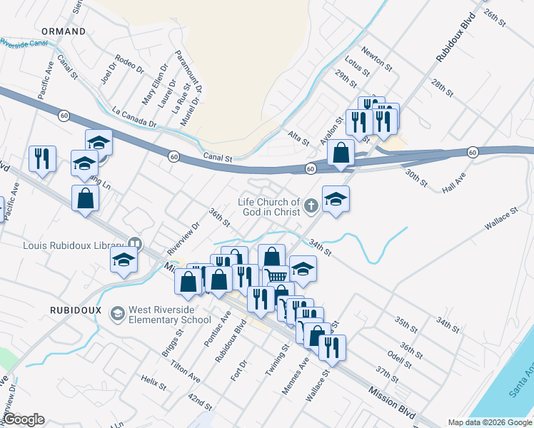 map of restaurants, bars, coffee shops, grocery stores, and more near 5677 34th Street in Riverside