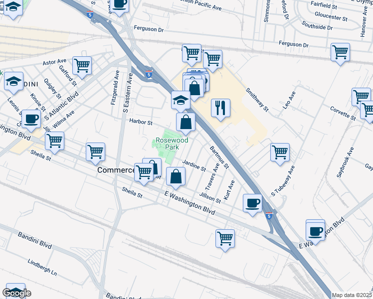 map of restaurants, bars, coffee shops, grocery stores, and more near 2422 Senta Avenue in Commerce