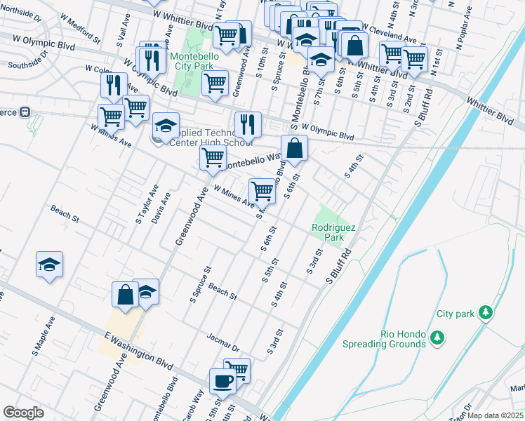 map of restaurants, bars, coffee shops, grocery stores, and more near S Montebello Blvd & Mines Ave in Montebello