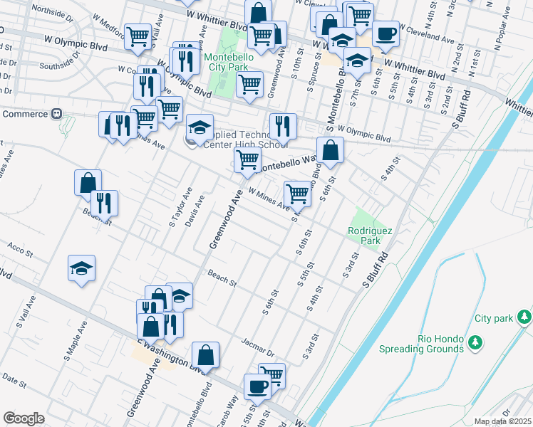 map of restaurants, bars, coffee shops, grocery stores, and more near 832 San Marino Avenue in Montebello