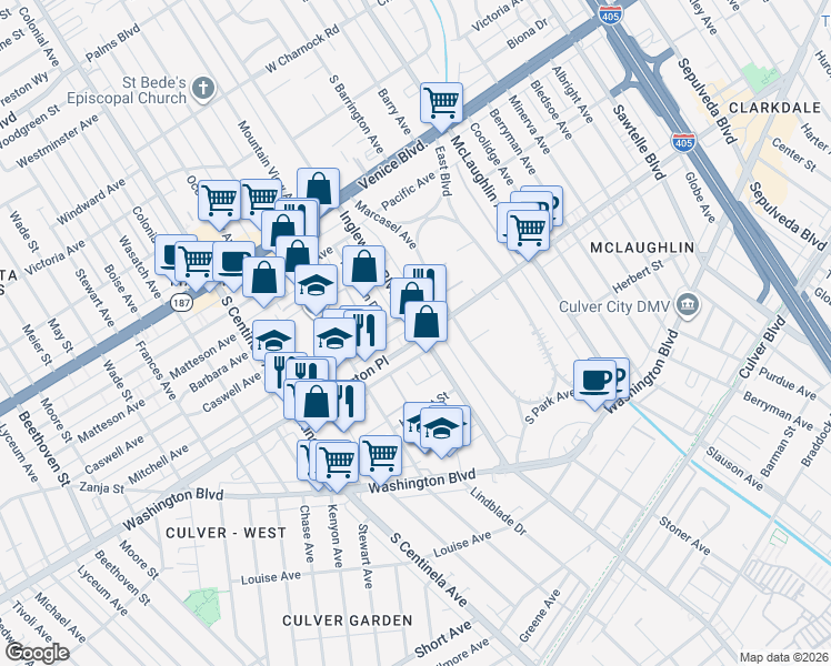 map of restaurants, bars, coffee shops, grocery stores, and more near 3995 Inglewood Boulevard in Los Angeles