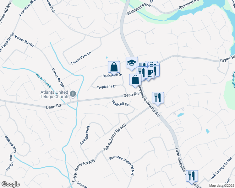 map of restaurants, bars, coffee shops, grocery stores, and more near 717 Dean Road in Suwanee