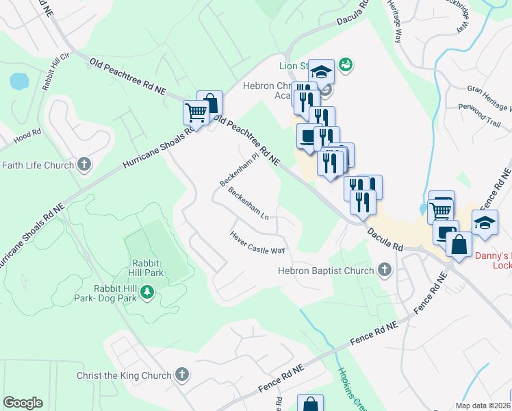 map of restaurants, bars, coffee shops, grocery stores, and more near 281 Beckenham Lane in Dacula