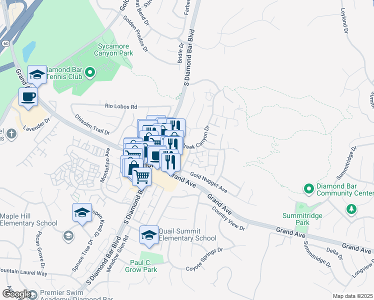 map of restaurants, bars, coffee shops, grocery stores, and more near 1115 Cleghorn Drive in Diamond Bar