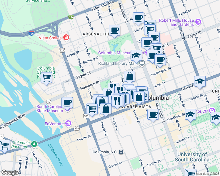 map of restaurants, bars, coffee shops, grocery stores, and more near 1405 Gadsden St in Columbia