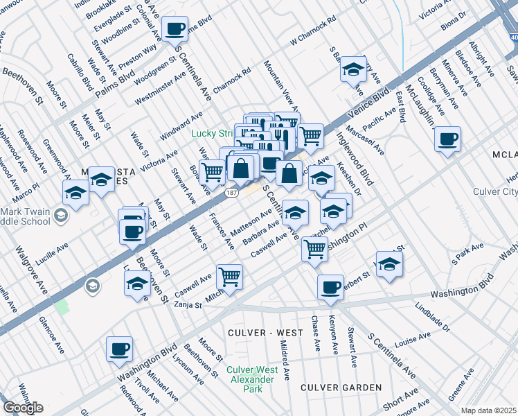 map of restaurants, bars, coffee shops, grocery stores, and more near 12430 Pacific Avenue in Los Angeles
