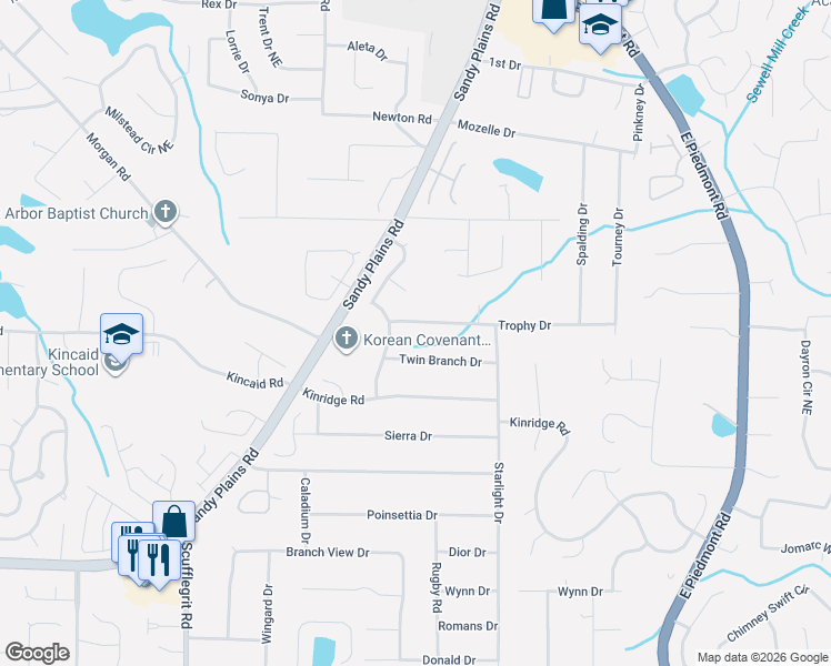 map of restaurants, bars, coffee shops, grocery stores, and more near 2062 Arrowhead Trail in Marietta