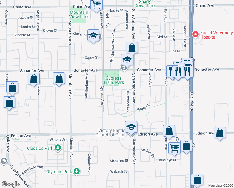 map of restaurants, bars, coffee shops, grocery stores, and more near 6594 Manzanita Court in Chino