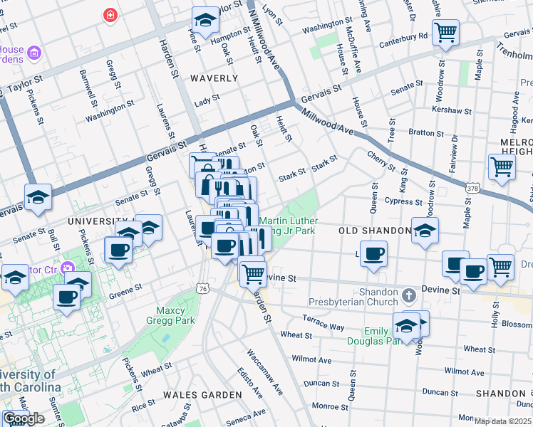 map of restaurants, bars, coffee shops, grocery stores, and more near 2208 College Street in Columbia