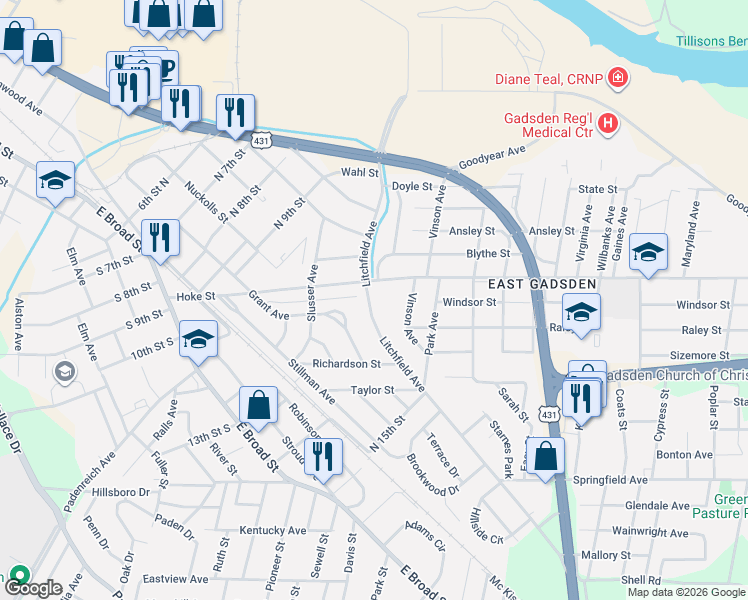 map of restaurants, bars, coffee shops, grocery stores, and more near 1110 Litchfield Avenue in Gadsden