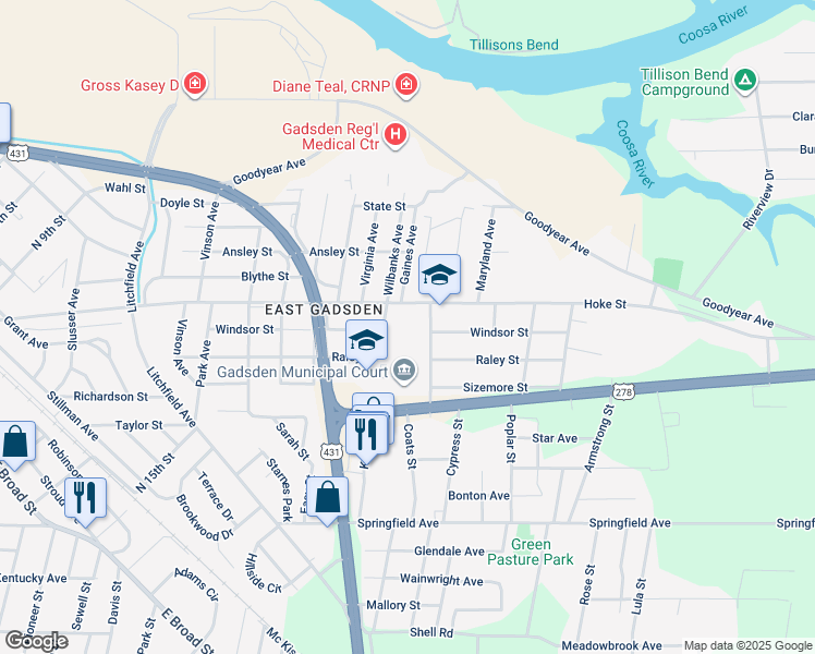 map of restaurants, bars, coffee shops, grocery stores, and more near 1109 Hoke Street in Gadsden