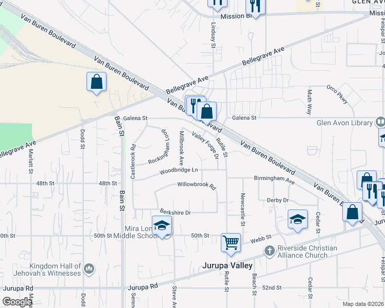 map of restaurants, bars, coffee shops, grocery stores, and more near 4725 Foxborough Court in Riverside