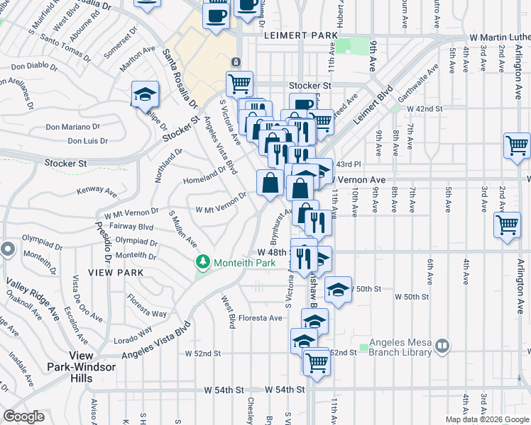 map of restaurants, bars, coffee shops, grocery stores, and more near 3476 Olympiad Drive in View Park-Windsor Hills