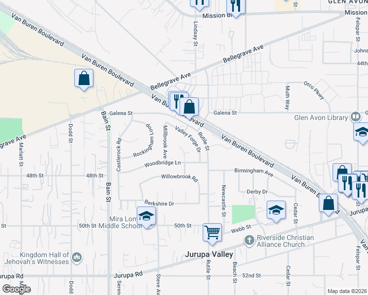 map of restaurants, bars, coffee shops, grocery stores, and more near 4740 Foxborough Court in Riverside