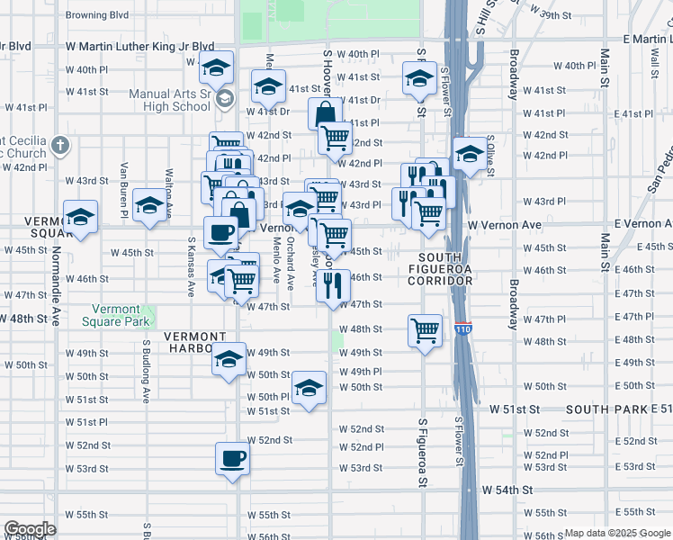 map of restaurants, bars, coffee shops, grocery stores, and more near 4530 South Hoover Street in Los Angeles