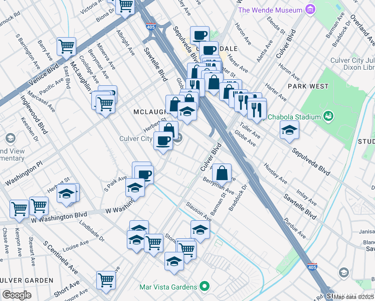 map of restaurants, bars, coffee shops, grocery stores, and more near 11378 Nutmeg Avenue in Los Angeles