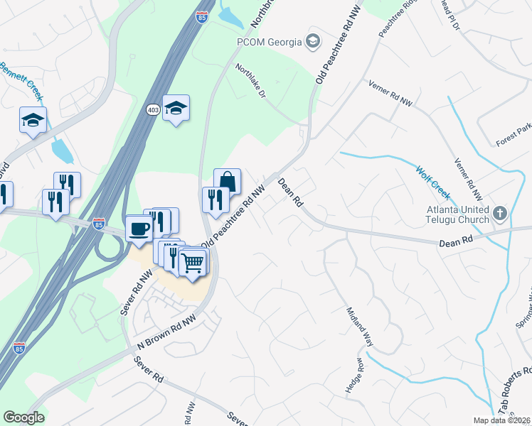 map of restaurants, bars, coffee shops, grocery stores, and more near 1429 Penhurst Drive Northwest in Lawrenceville