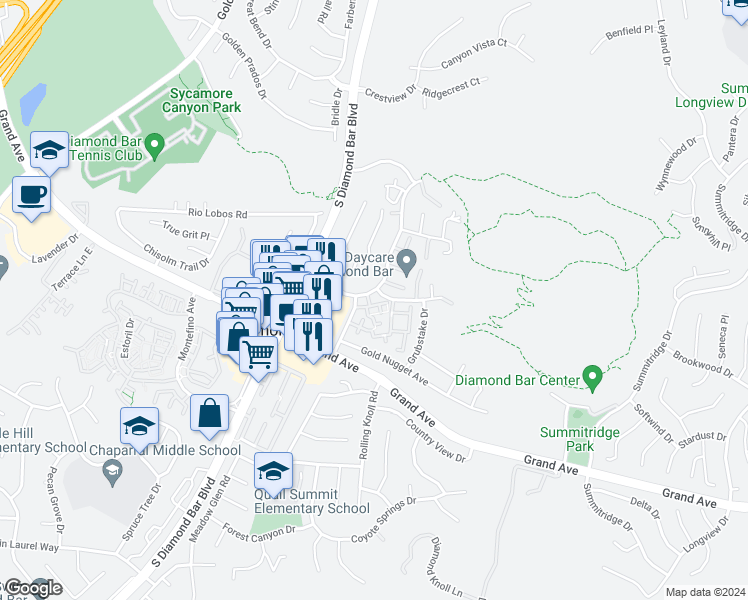 map of restaurants, bars, coffee shops, grocery stores, and more near 1102 Cleghorn Drive in Diamond Bar