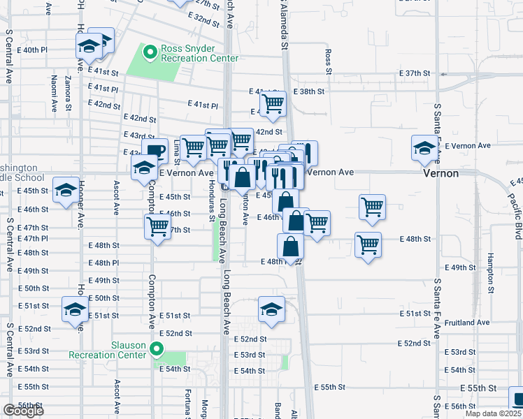 map of restaurants, bars, coffee shops, grocery stores, and more near 1817 East 46th Street in Vernon