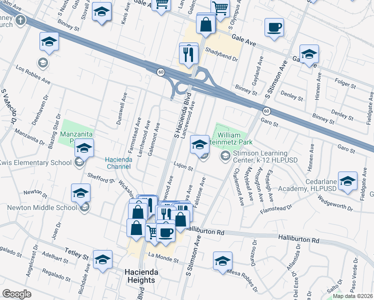 map of restaurants, bars, coffee shops, grocery stores, and more near 1603 Olympus Avenue in Hacienda Heights