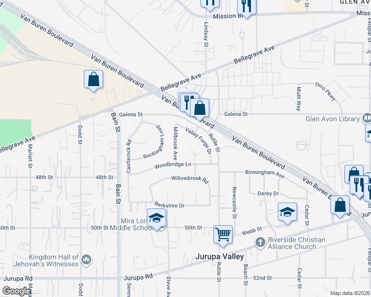 map of restaurants, bars, coffee shops, grocery stores, and more near 4725 Foxborough Court in Riverside