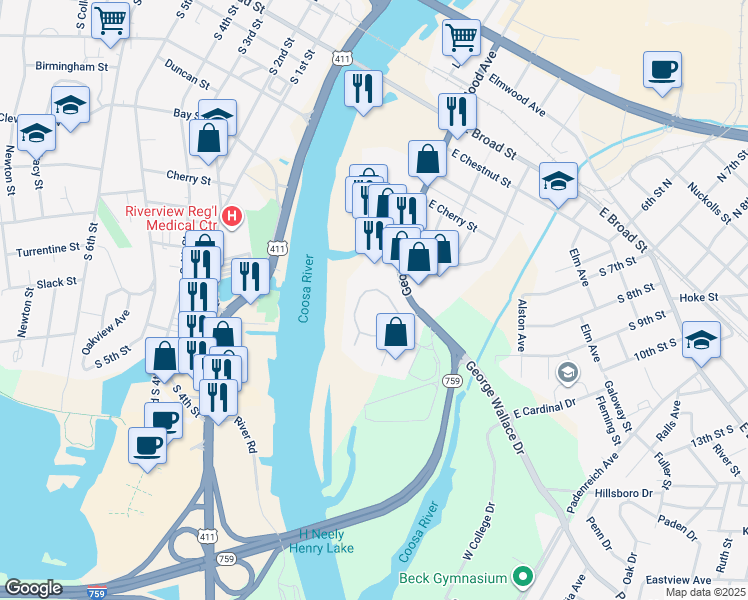 map of restaurants, bars, coffee shops, grocery stores, and more near 513 George Wallace Drive in Gadsden