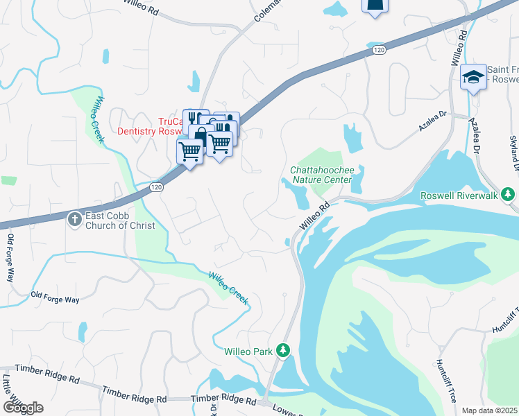 map of restaurants, bars, coffee shops, grocery stores, and more near 2260 Azalea Drive in Roswell