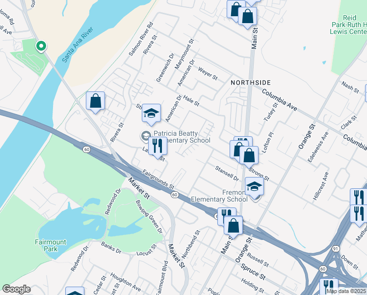 map of restaurants, bars, coffee shops, grocery stores, and more near 1784 Julie Drive in Riverside