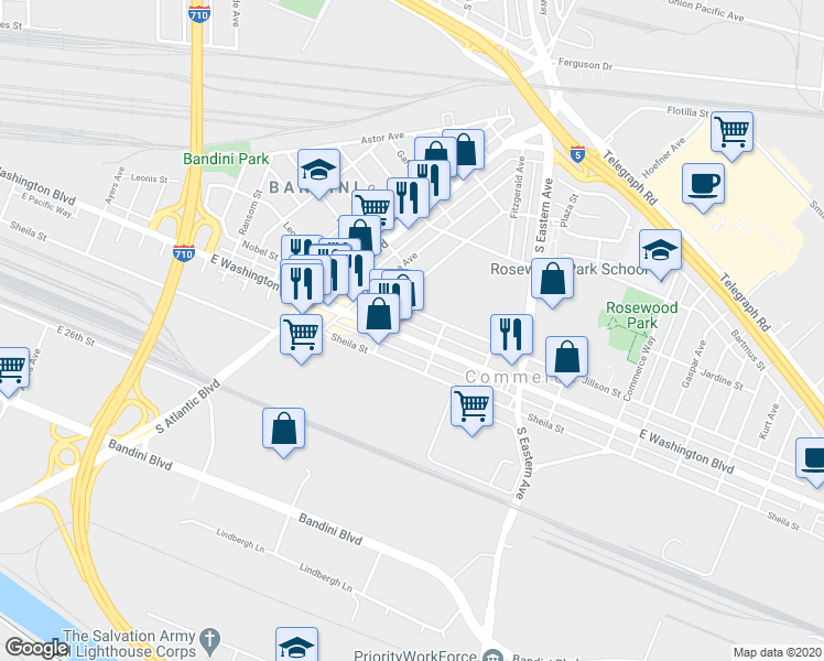 map of restaurants, bars, coffee shops, grocery stores, and more near 5309 East Washington Boulevard in Commerce