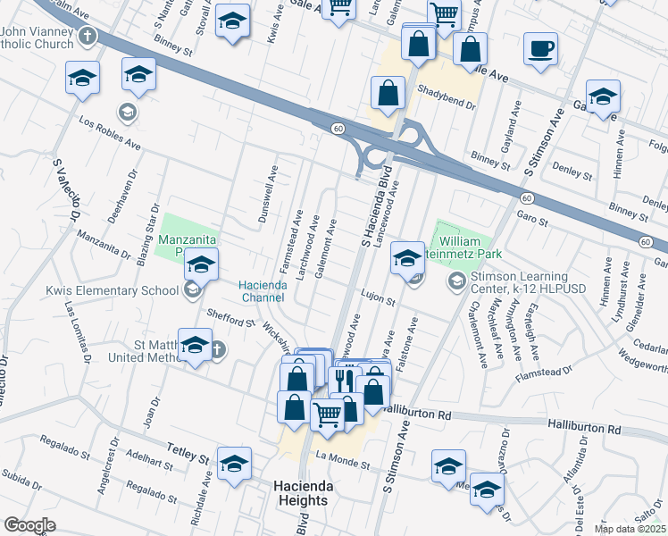 map of restaurants, bars, coffee shops, grocery stores, and more near 15716 Ragley Street in Hacienda Heights