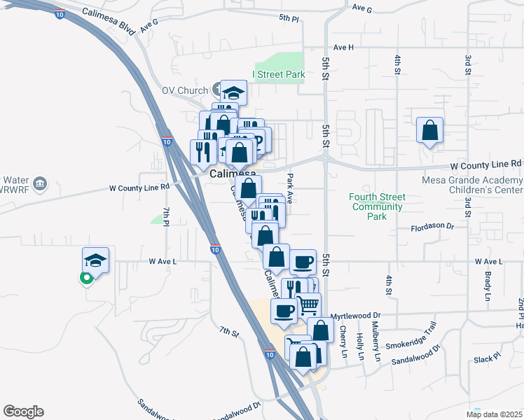map of restaurants, bars, coffee shops, grocery stores, and more near 967 Ave B in Calimesa