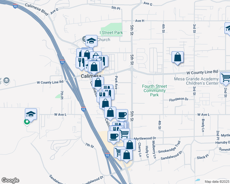 map of restaurants, bars, coffee shops, grocery stores, and more near 992 Park Avenue in Calimesa