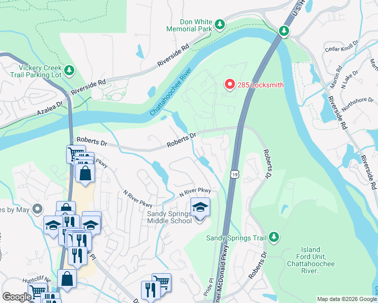 map of restaurants, bars, coffee shops, grocery stores, and more near 8985 Carroll Manor Dr in Atlanta