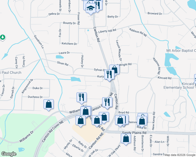map of restaurants, bars, coffee shops, grocery stores, and more near 864 Kurtz Road in Marietta