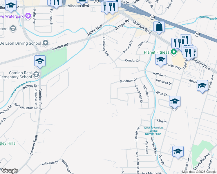 map of restaurants, bars, coffee shops, grocery stores, and more near 4069 Margie Way in Riverside