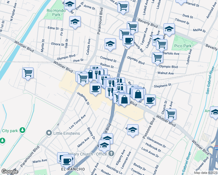 map of restaurants, bars, coffee shops, grocery stores, and more near in Pico Rivera