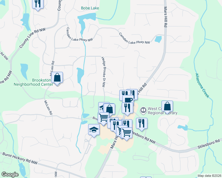 map of restaurants, bars, coffee shops, grocery stores, and more near 1953 Haydenbrook Cove Northwest in Acworth