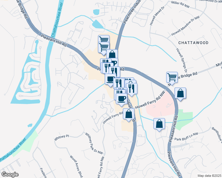 map of restaurants, bars, coffee shops, grocery stores, and more near 3545 Peachtree Industrial Boulevard in Duluth